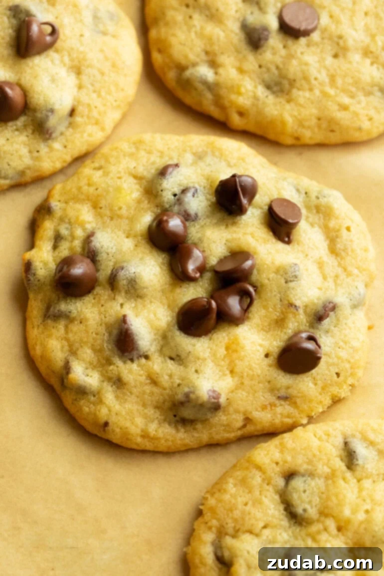 Golden Banana Chocolate Chip Delights 3 A large, golden-baked banana cookie with generous chocolate chips, resting on parchment paper among other freshly baked cookies, evoking a sense of cozy home baking.