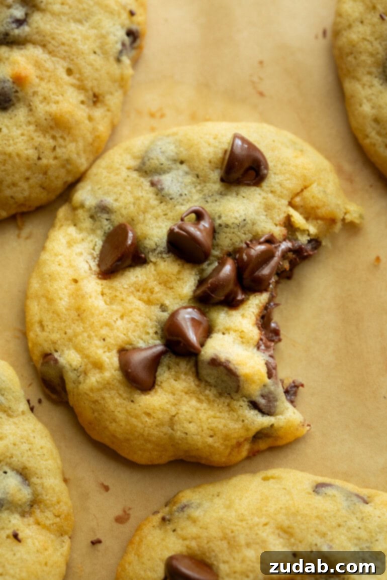 Golden Banana Chocolate Chip Delights 7 A delectable banana chocolate chip cookie with a bite taken out, revealing its soft interior and gooey, melted chocolate chips, enticing with its homemade goodness.