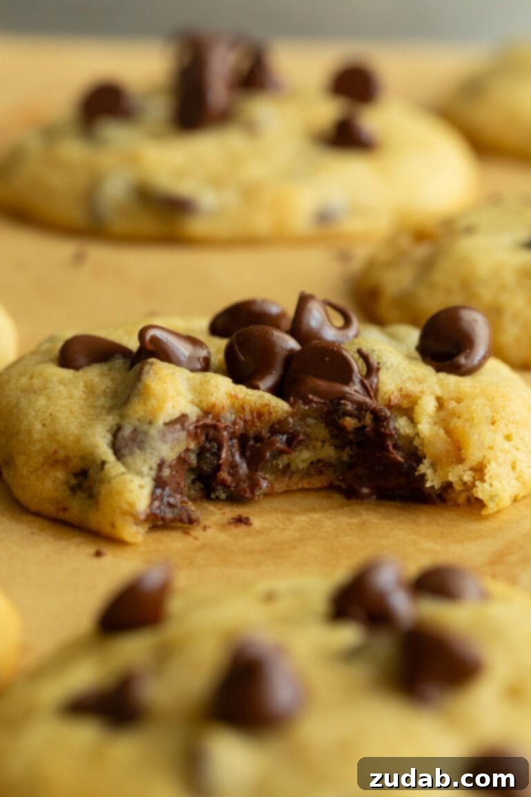 Golden Banana Chocolate Chip Delights 8 A banana chocolate chip cookie with a section bitten out, clearly showing the cross-section and the moist, tender crumb loaded with chocolate chips.
