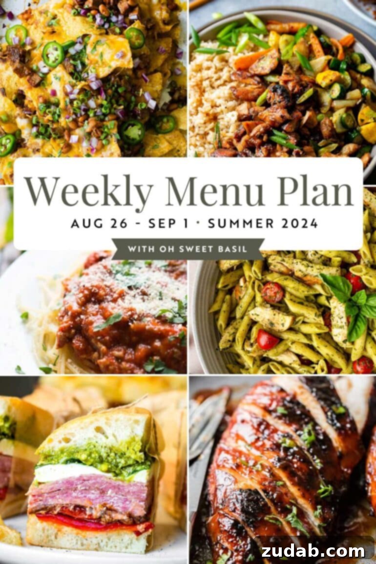 This Week's Menu: August 26 - September 1 2 A vibrant graphic displaying a weekly menu plan with various delicious food icons, symbolizing easy and family-friendly meals for every day of the week, designed to simplify dinner planning.