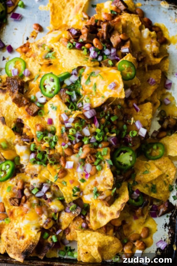 This Week's Menu: August 26 - September 1 3 A close-up photo of generously loaded BBQ brisket nachos, smothered in melted cheese, topped with vibrant sliced jalapeños, diced red onions, and fresh chopped cilantro. A true feast for the eyes and palate, perfect for a weeknight dinner.