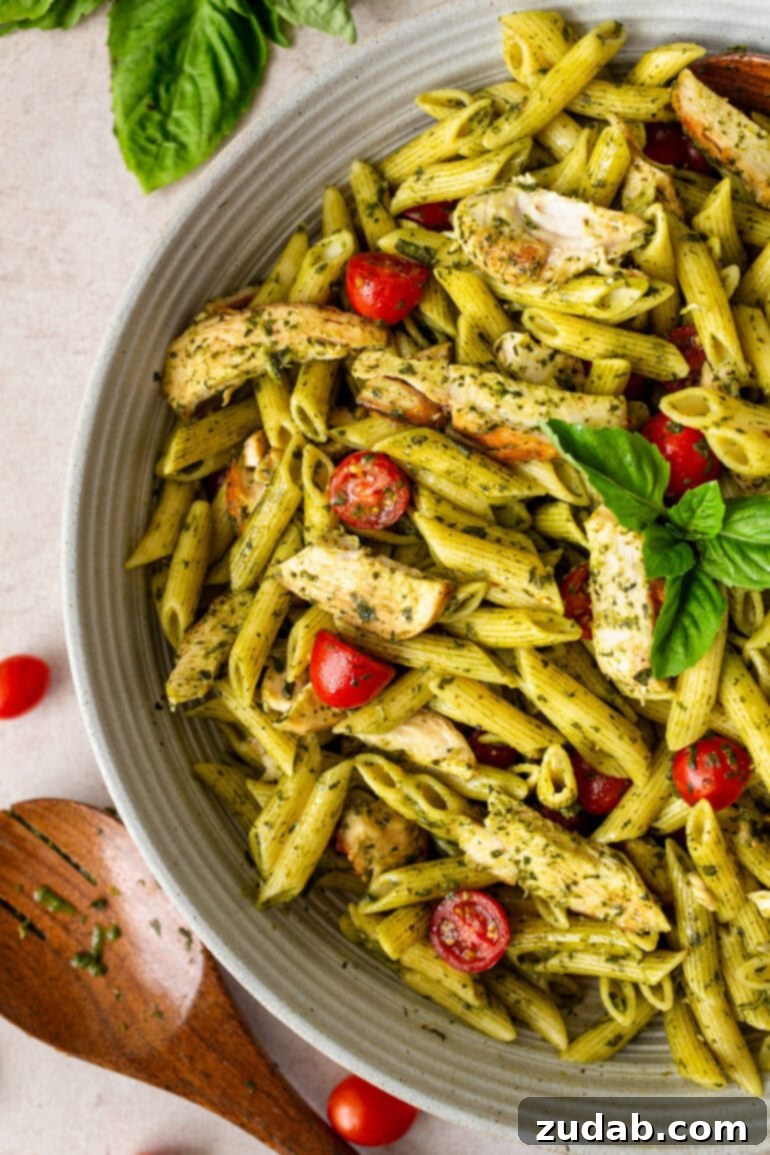 This Week's Menu: August 26 - September 1 6 A vibrant photo of a large serving bowl brimming with perfectly cooked penne pasta, generously tossed with tender sliced chicken breasts, sweet grape tomatoes, and fragrant fresh basil leaves. A light and refreshing meal, ideal for weeknights.