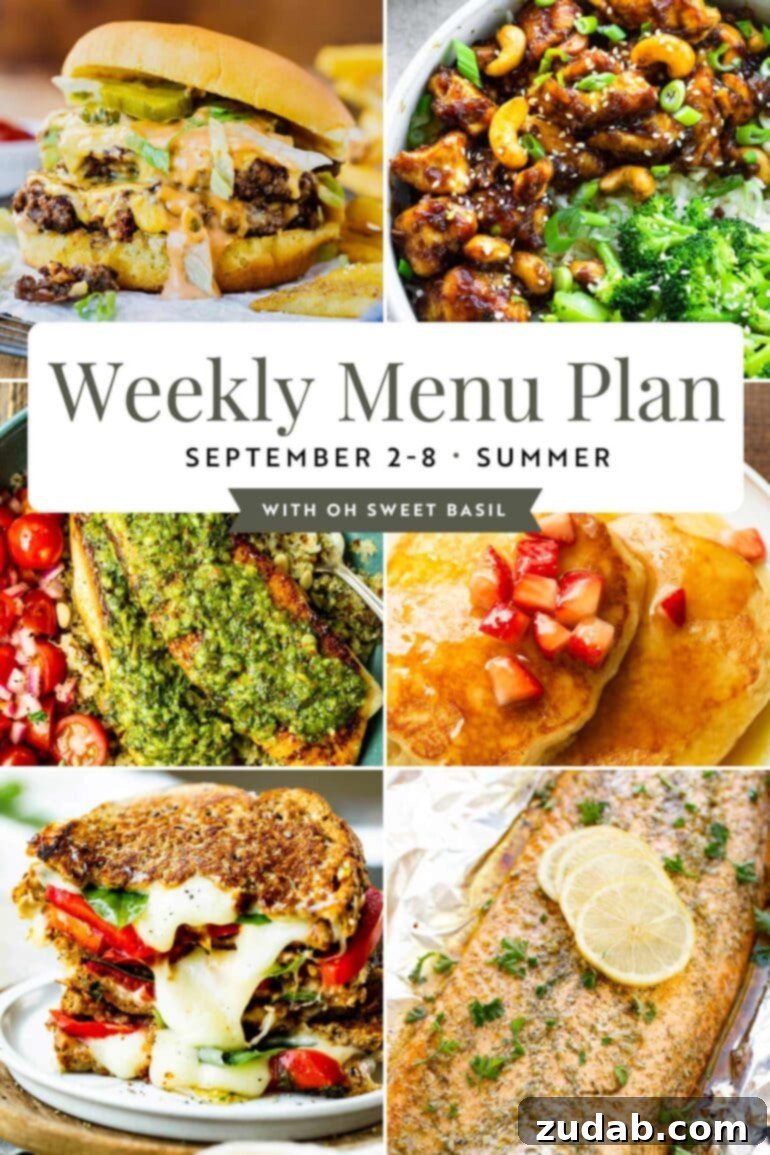 Weekly Menu Plan for Sep. 2 to Sep. 8 2 A vibrant graphic showcasing a diverse array of six delicious, family-friendly dinner recipes, perfect for weekly meal planning inspiration for busy families.