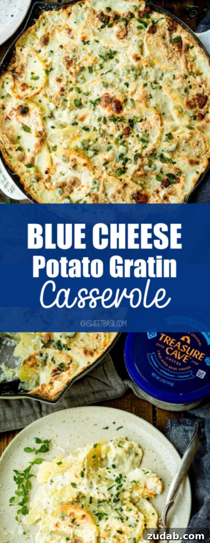 Decadent Blue Cheese Potato Gratin 13 A large skillet filled with creamy blue cheese potato casserole, garnished with fresh thyme, with a container of Treasure Cave Blue Cheese on the side.