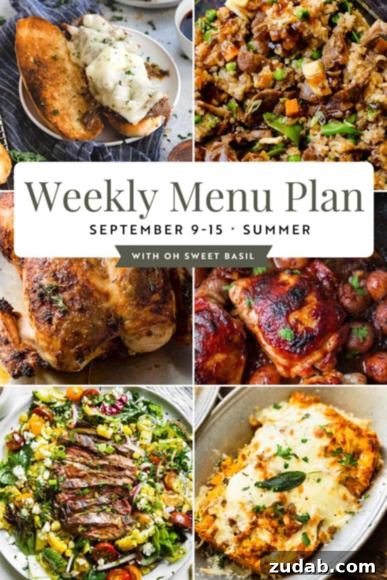 Weekly Meal Plan: September 9-15 2 a graphic showing 6 different images of main dishes for a weekly meal plan, featuring diverse and appetizing family-friendly meals