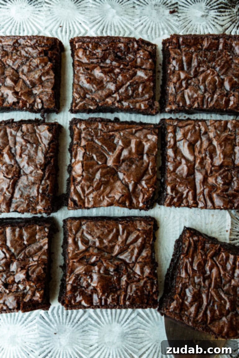 Elevated Box Brownies 4 A pan of freshly baked, perfectly sliced chocolate brownies displaying beautiful crinkled tops, ready to be enjoyed.