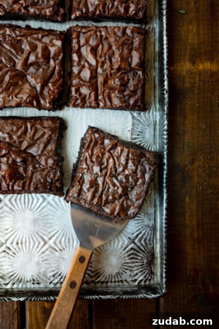 Elevated Box Brownies 6 A small metal spatula effortlessly lifts a pristine slice of homemade chocolate brownie from a pan, showcasing its perfect shape and inviting crinkle top.