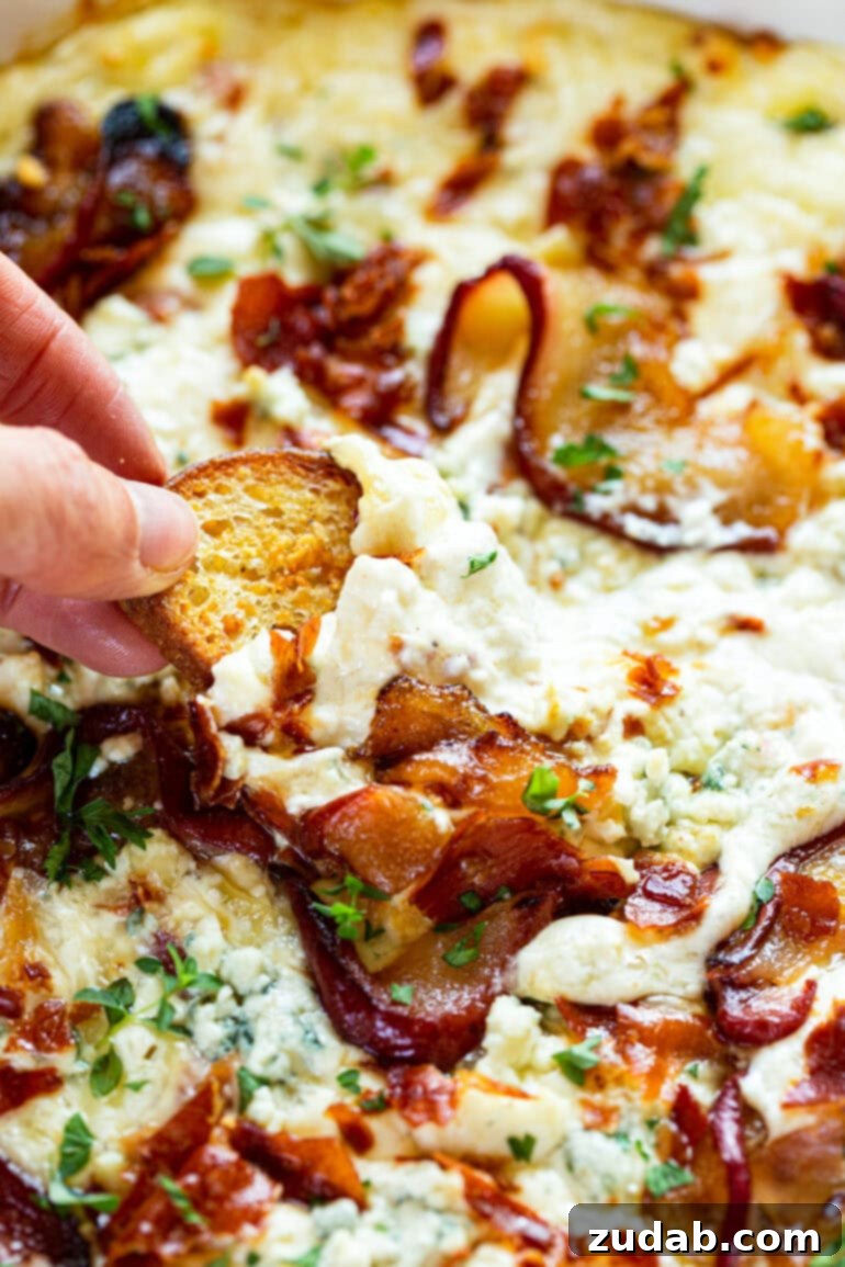 Sweet Pear, Savory Prosciutto & Tangy Blue Cheese Dip 8 A crostini being dipped into the creamy, baked roasted pear blue cheese dip, showing its luscious texture.