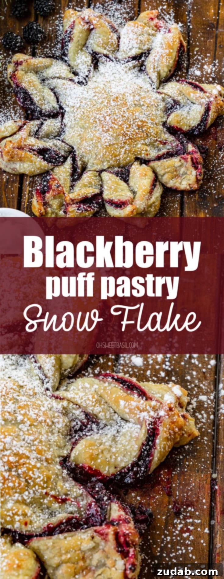 Blackberry Snowflake Puff Pastry 10 A stunning top-down view of a golden-baked blackberry puff pastry snowflake, lavishly dusted with powdered sugar, ready to be served as a delightful holiday dessert.