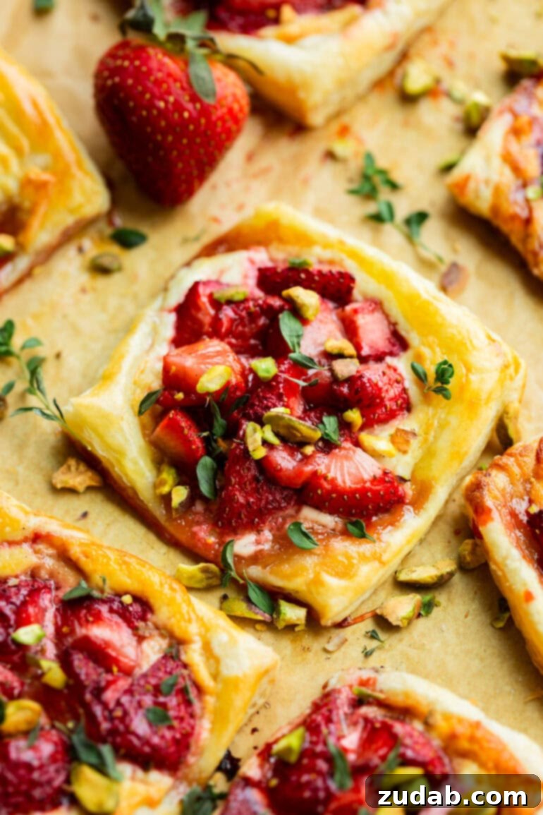 Effortlessly Gourmet Roasted Strawberry Blue Cheese Tarts 3 A close-up shot of a perfectly baked roasted strawberry and blue cheese tart on a flaky puff pastry crust, garnished with chopped pistachios.