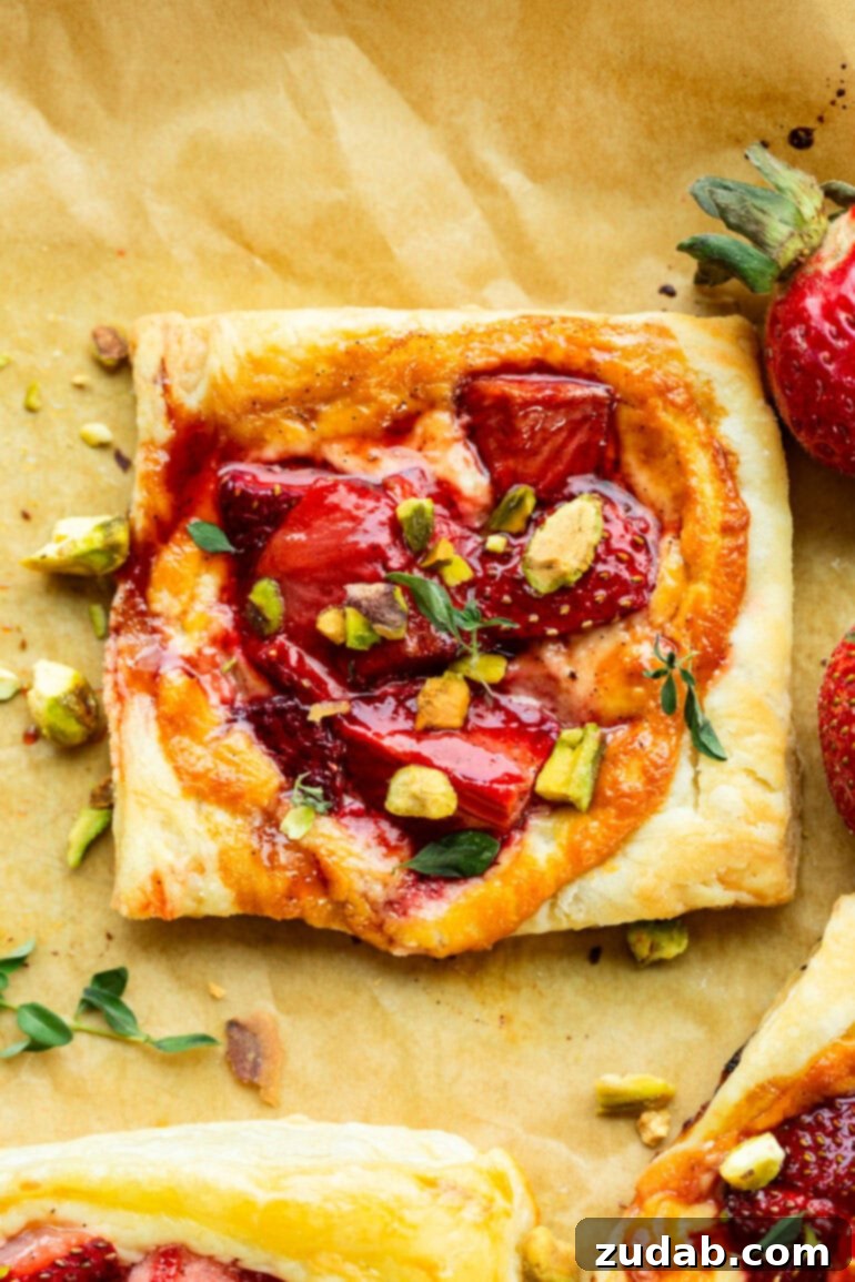 Effortlessly Gourmet Roasted Strawberry Blue Cheese Tarts 7 An individual golden puff pastry tart, lavishly topped with roasted strawberries, creamy blue cheese, and chopped pistachios.