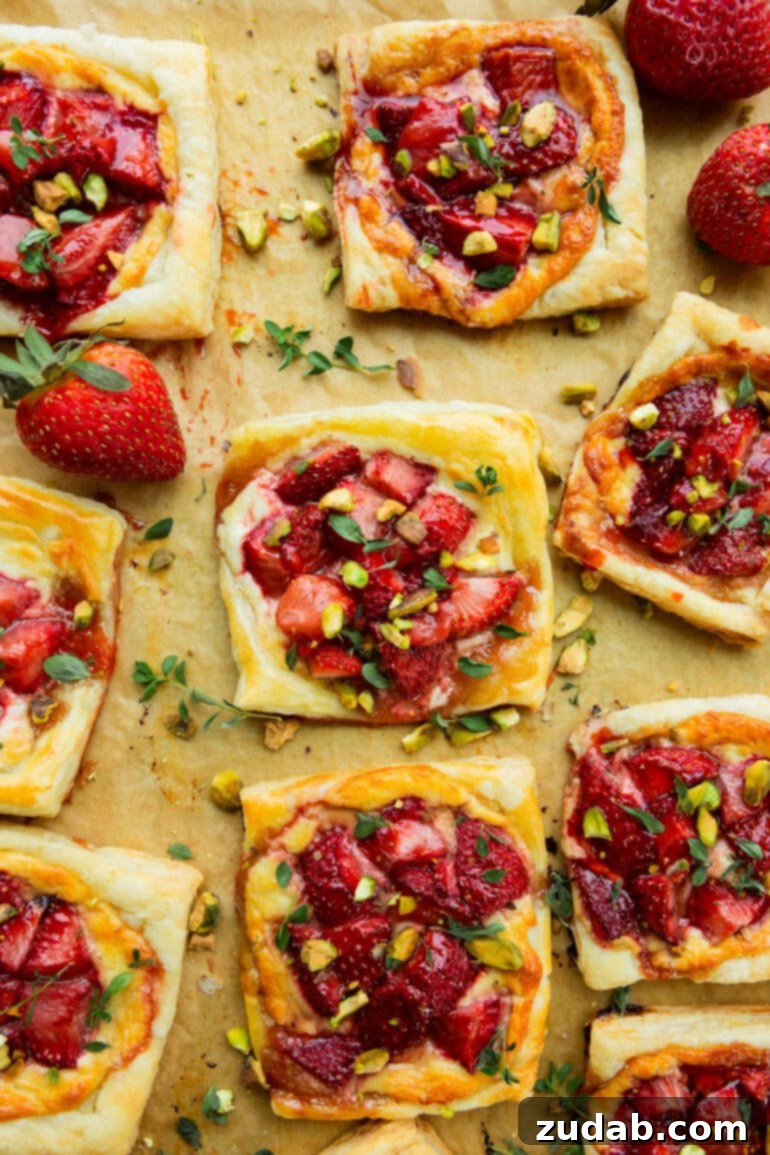 Effortlessly Gourmet Roasted Strawberry Blue Cheese Tarts 8 A close-up of several golden puff pastry tarts, each adorned with roasted strawberries, blue cheese, and a sprinkle of pistachios.