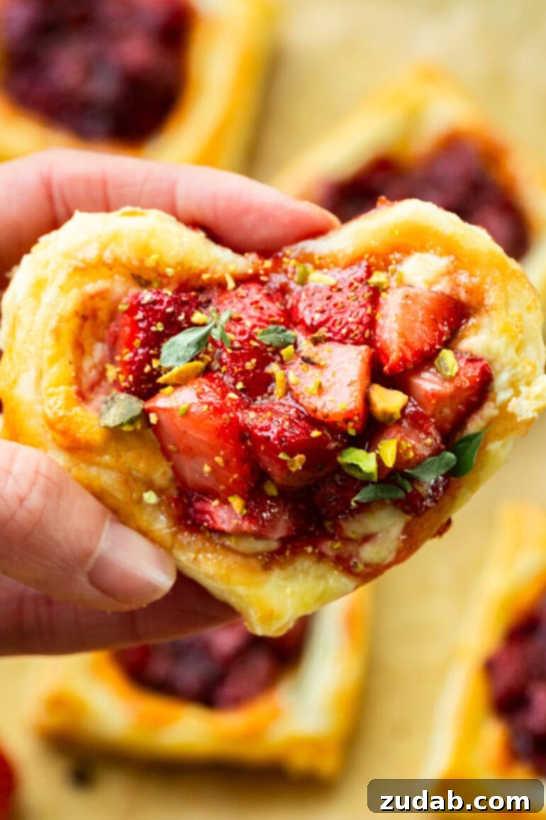 Effortlessly Gourmet Roasted Strawberry Blue Cheese Tarts 9 A hand holding a single, perfectly golden roasted strawberry and blue cheese tart, garnished with pistachios and fresh thyme.