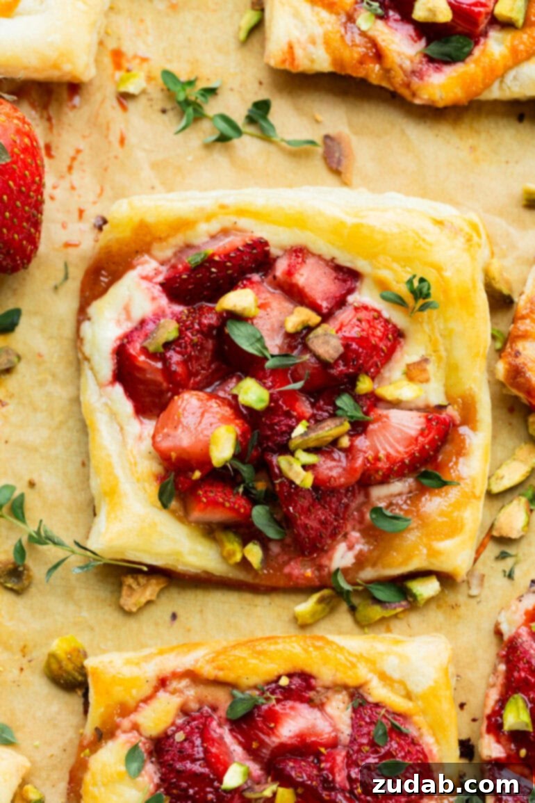 Effortlessly Gourmet Roasted Strawberry Blue Cheese Tarts 10 A close-up shot of a single baked puff pastry tart, topped with vibrant roasted strawberries and creamy blue cheese.