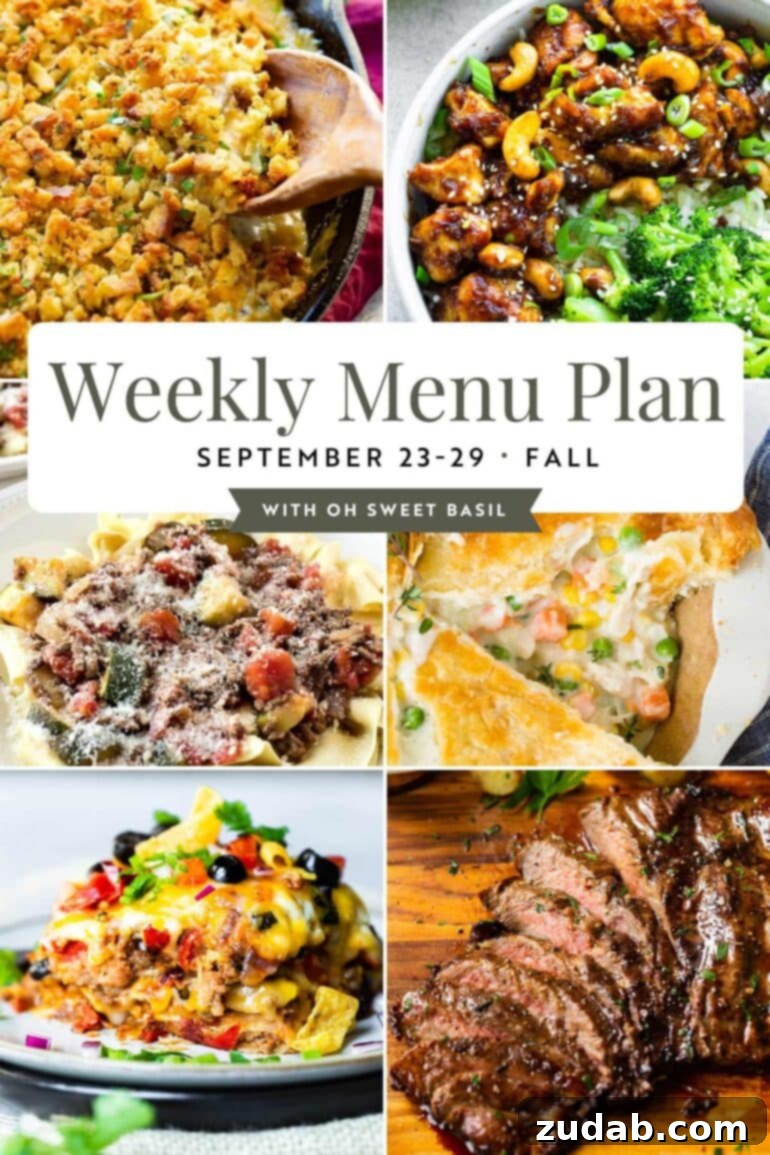 This Week's Meal Plan: September 23-29 2 A vibrant graphic showcasing six different mouth-watering dinner recipes, perfectly illustrating a week of cozy, seasonal meals.