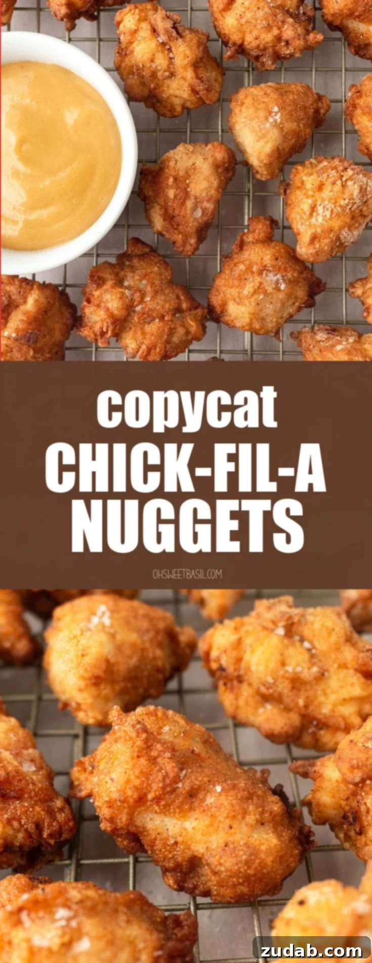 A full-frame photo of many golden, crispy chicken nuggets resting on a wire cooling rack, embodying the success of the copycat recipe.