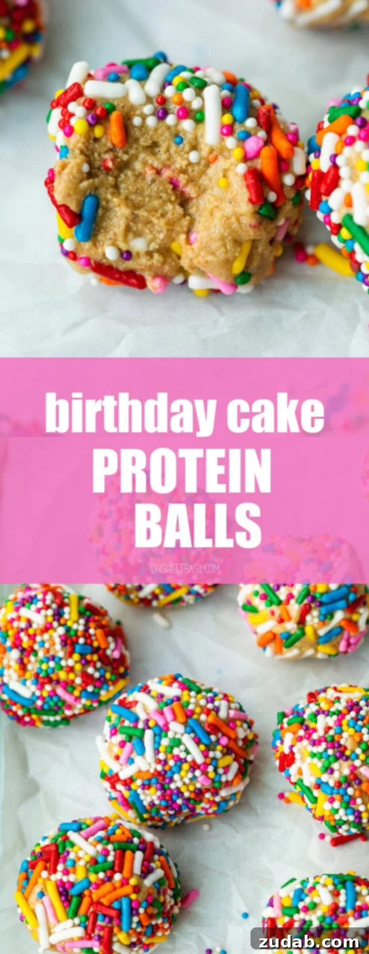 Funfetti Protein Poppers 10 a photo of someone holding a birthday cake protein ball that has a bite taken out of it