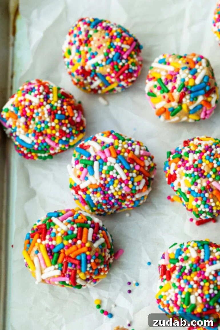 Funfetti Protein Poppers 4 a photo of several birthday cake protein balls covered in rainbow sprinkles