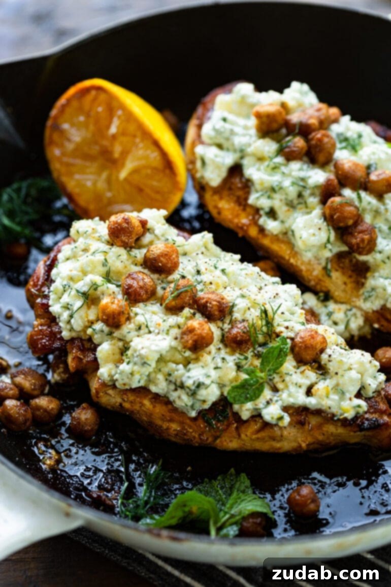 Quick Healthy Smashed Feta Chicken 2 a photo of two oven roasted chicken breasts topped with creamy smashed feta and crunchy roasted chickpeas