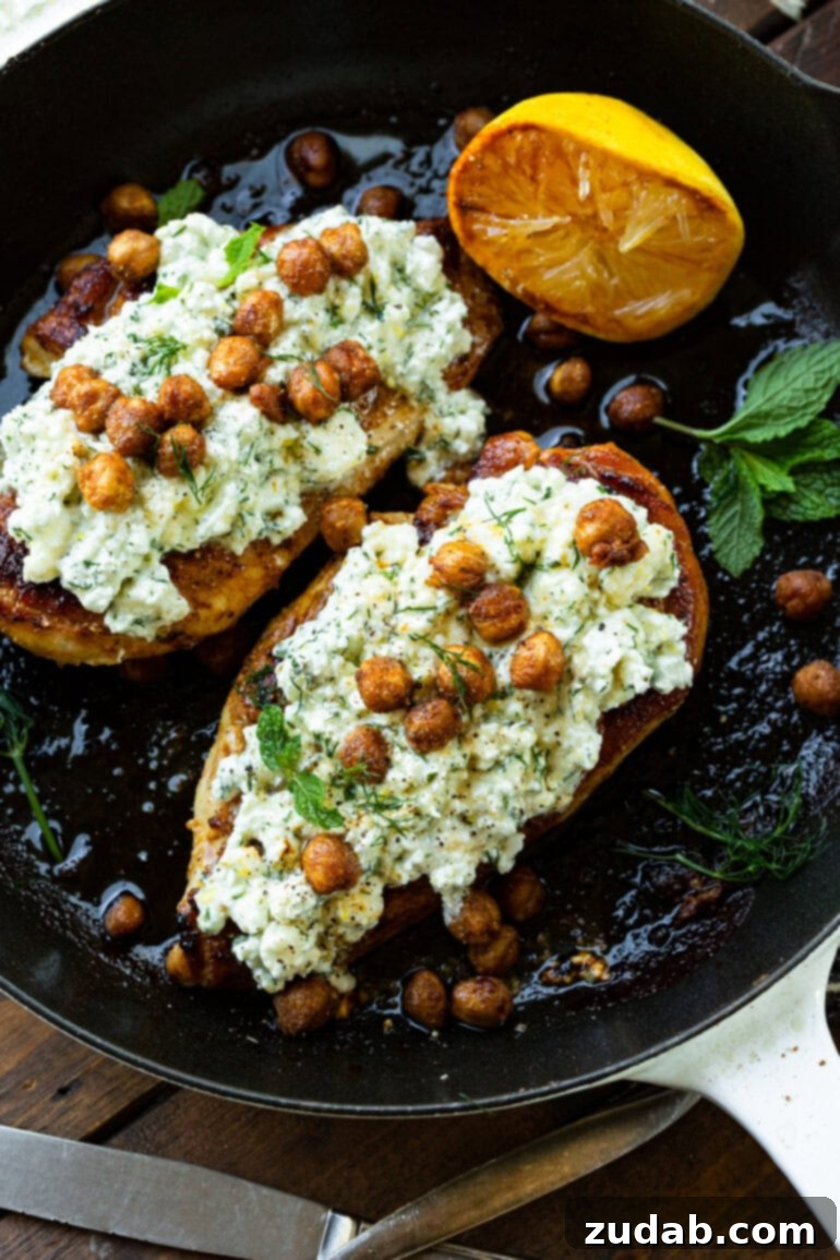 Quick Healthy Smashed Feta Chicken 4 a photo of two roasted chicken breasts topped with a creamy mashed feta and topped with roasted chickpeas