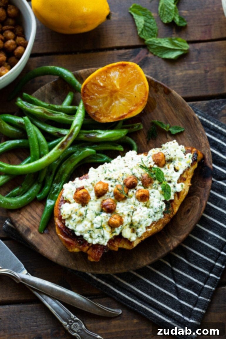 Quick Healthy Smashed Feta Chicken 5 a photo of a roasted chicken breast topped with creamy feta and roasted chickpeas on a wooden plate with a side of green beans and a sliced lemon