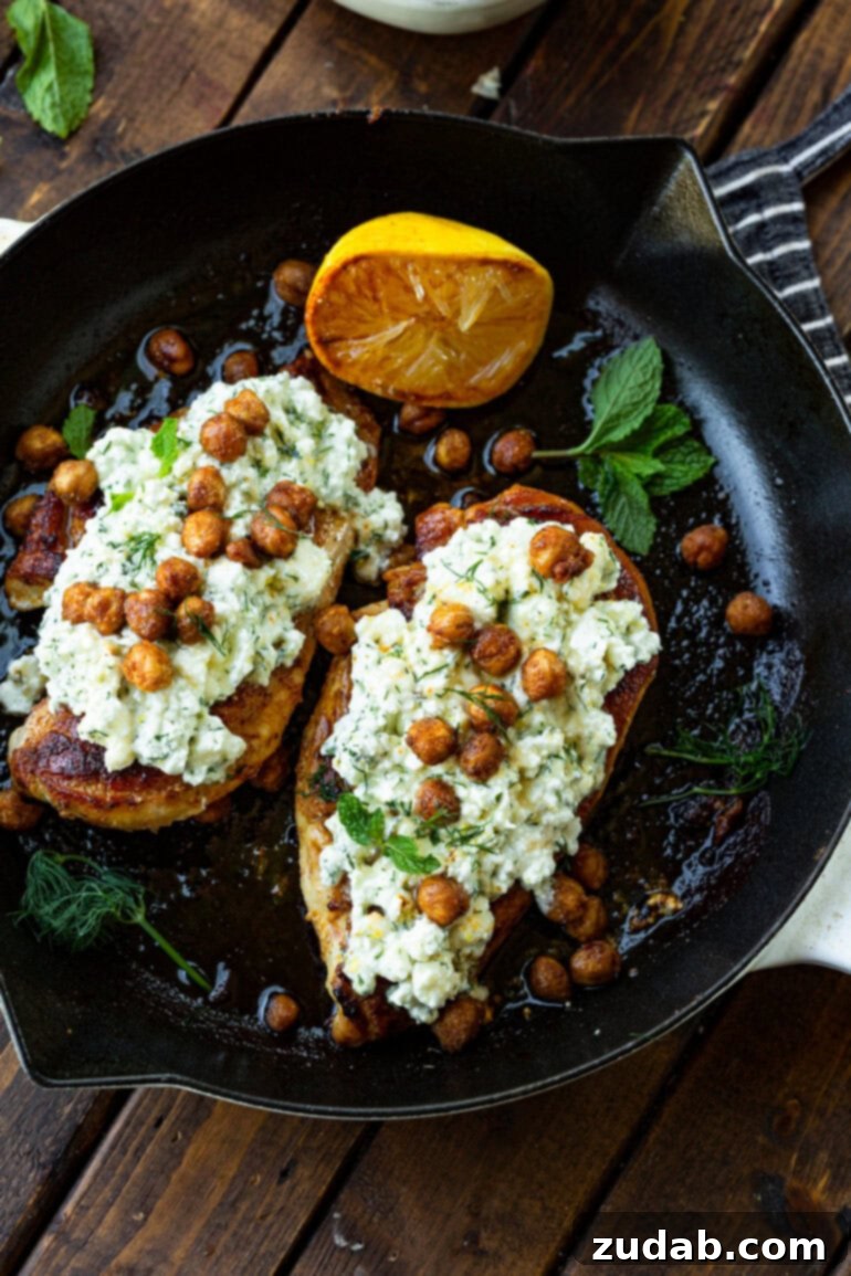 Quick Healthy Smashed Feta Chicken 6 a photo of two roasted chicken breasts in a cast iron skillet topped with smashed feta and roasted chickpeas
