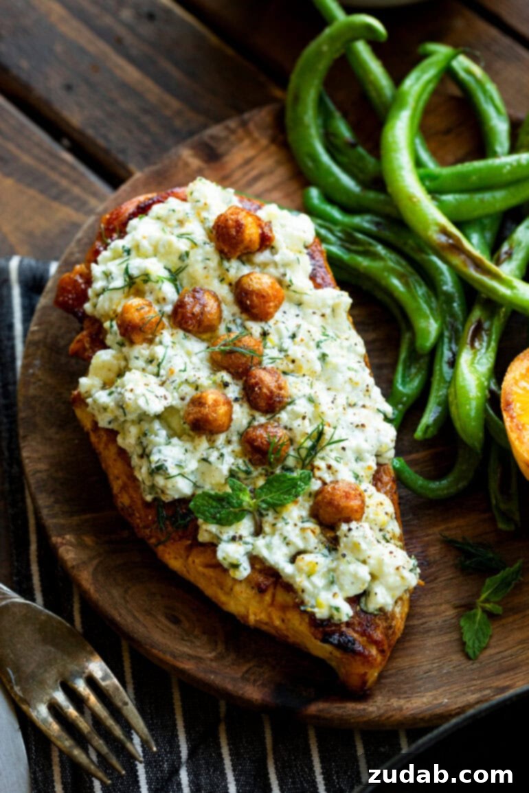 Quick Healthy Smashed Feta Chicken 7 a photo of a cooked chicken breast topped with creamy feta cheese and crispy roasted chickpeas