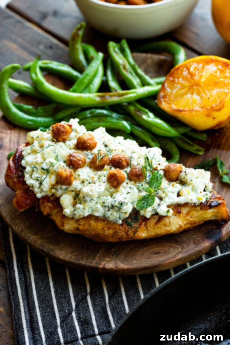 Quick Healthy Smashed Feta Chicken 8 a photo of a roasted chicken breast sitting on a wooden plate and topped with creamy herb feta and crispy roasted chickpeas with a side of green beans