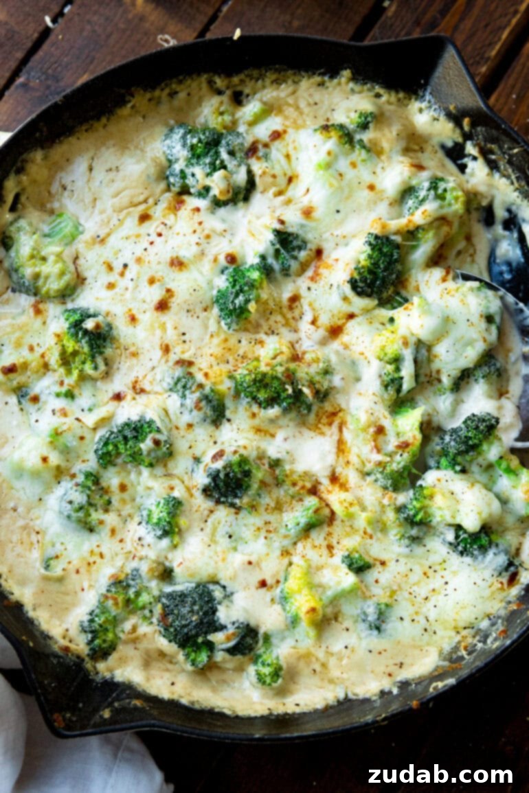 Parmesan Garlic Velvet Broccoli 2 A large skillet filled with creamy broccoli topped with broiled, golden-brown cheese, ready to serve.