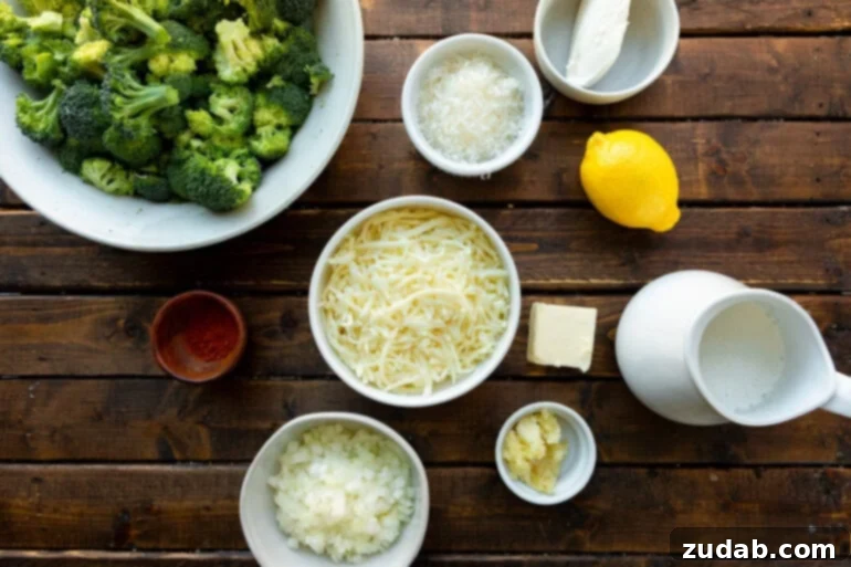 Parmesan Garlic Velvet Broccoli 3 All the ingredients for creamy Parmesan garlic broccoli laid out in small bowls, ready for cooking.