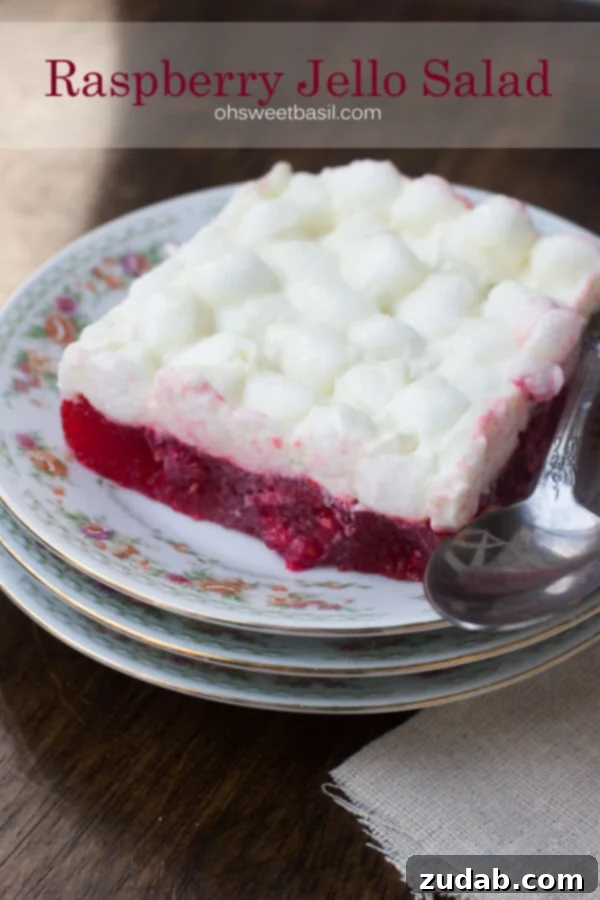 A close-up shot of the Raspberry Marshmallow Jello Salad, showcasing its vibrant red color and the fluffy white marshmallow and sour cream topping. ohsweetbasil.com A close-up shot of the Raspberry Marshmallow Jello Salad, showcasing its vibrant red color and the fluffy white marshmallow and sour cream topping. ohsweetbasil.com