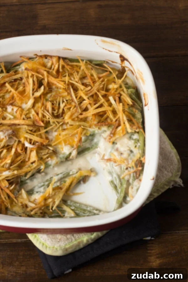 The real green bean casserole doesn't use cream of anything soup and the fried shoestring potatoes may be a new twist but it's a good one! The real green bean casserole doesn't use cream of anything soup and the fried shoestring potatoes may be a new twist but it's a good one!