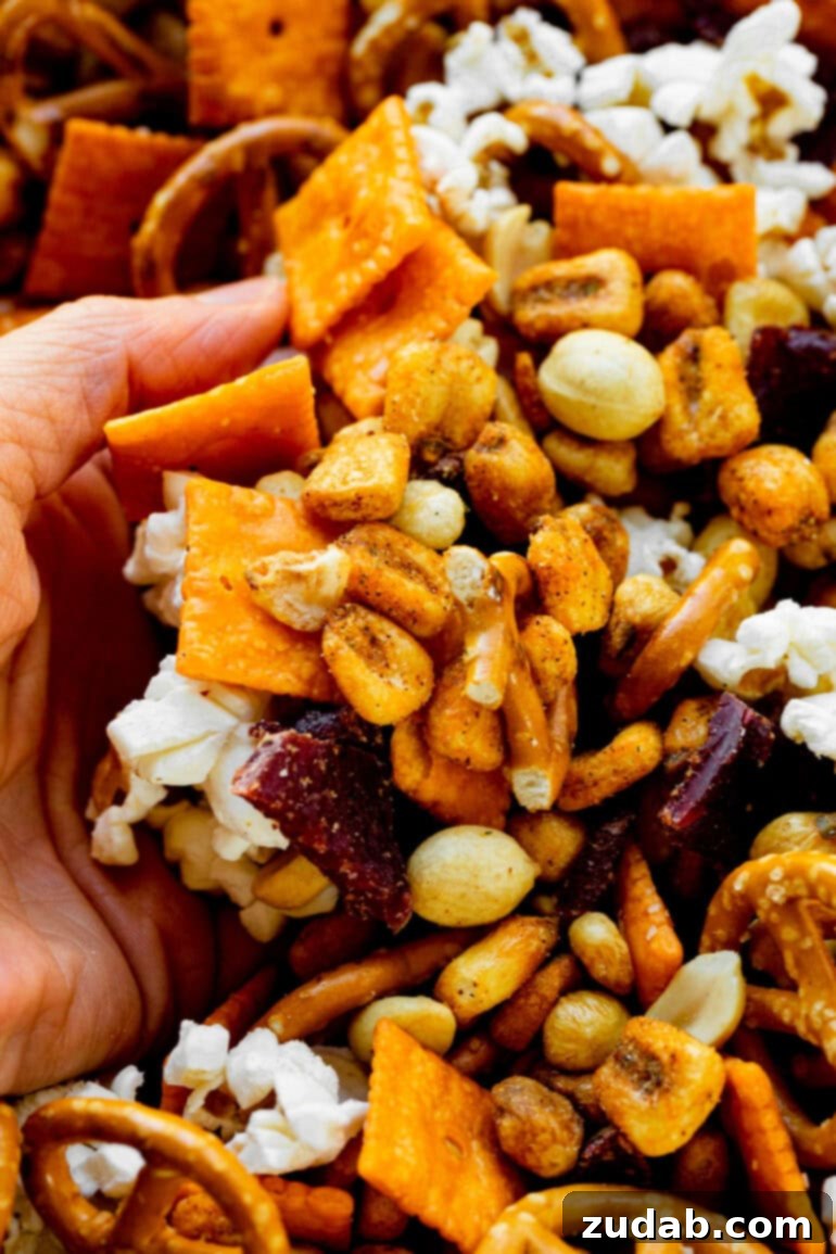 Super Bowl's Ultimate Manly Snack Attack 3 A close-up shot of a hand reaching into a generously filled bowl of the ultimate football snack mix. The hand is scooping up a delicious blend of popcorn, pretzels, Cheez-It crackers, peanuts, corn nuts, and beef jerky, showcasing the enticing variety and texture of the mix.