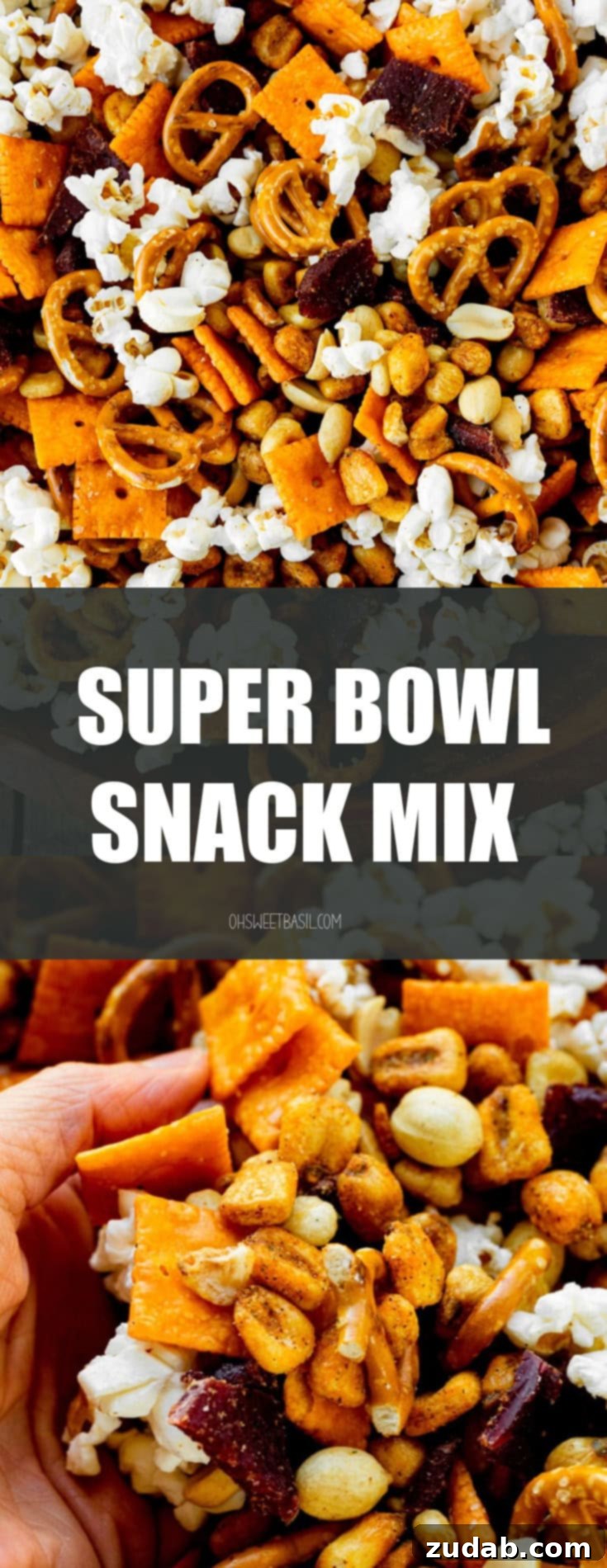 Super Bowl's Ultimate Manly Snack Attack 7 A close-up shot of a hand dipping into a large bowl filled with the ultimate football snack mix, showing the irresistible combination of popcorn, pretzels, Cheez-Its, peanuts, beef jerky, and corn nuts ready for a game day feast.