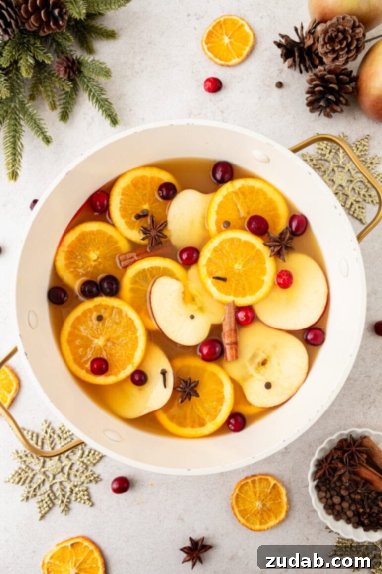 Wassail Made Simple 10 a photo taken over the top of a large white pot full of homemade wassail loaded with sliced apples, oranges, whole cranberries and cinnamon sticks