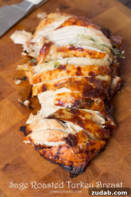 Herb Sage Roasted Turkey Breast is way easier than cooking the whole bird and still just as juicy and delicious ohsweetbasil.com A final close-up of the Herb Sage Roasted Turkey Breast, ready to be served, highlighting its succulent texture and aromatic herbs.