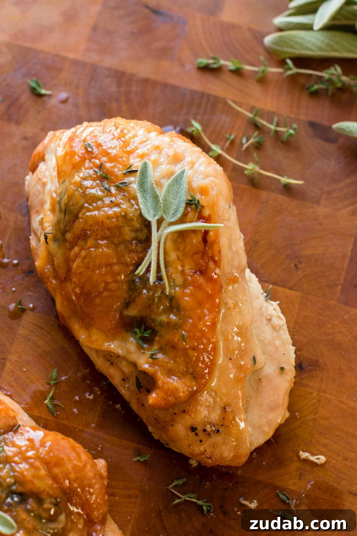 Juicy Herb Roasted Turkey Breast 3 Close-up of a quick and easy herb roasted turkey breast, showing golden skin and fresh herbs, perfect for those who prefer white meat.