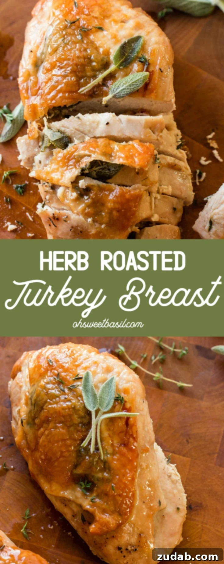 Juicy Herb Roasted Turkey Breast 6 A beautifully roasted turkey breast, golden and moist, served on a platter with herbs, perfect for a festive meal.