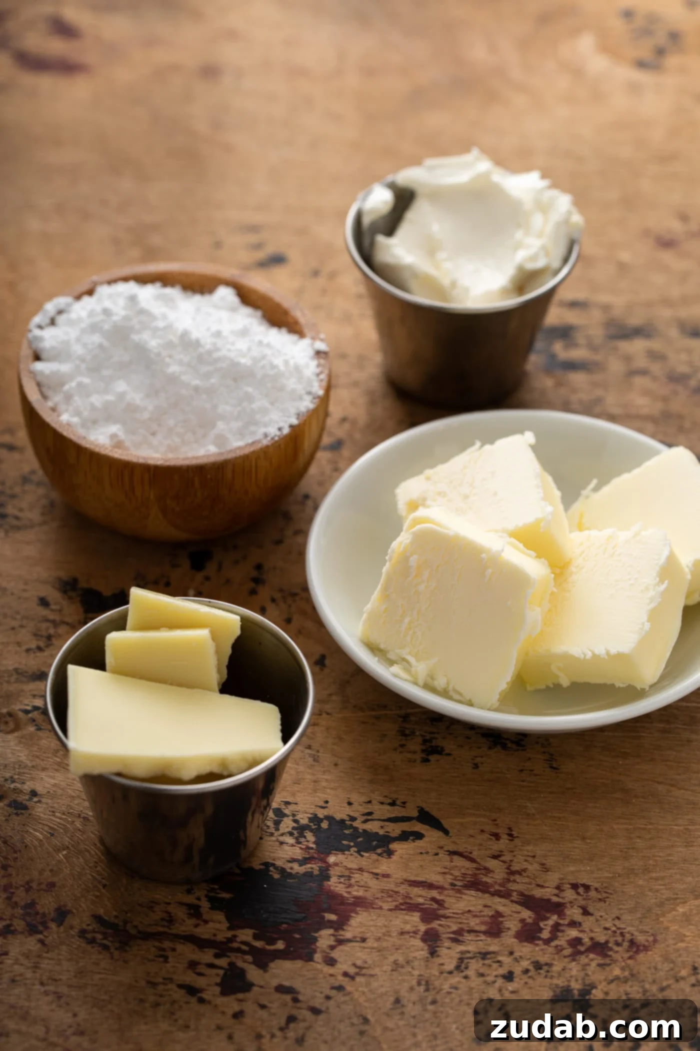 Individual containers holding slices of cold butter, powdered sugar, room temperature cream cheese, and white chocolate melts, neatly arranged as ingredients for the butter sauce.