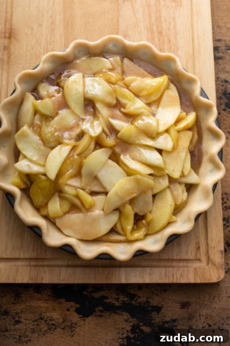 Sliced apples mixed with melted butter, brown sugar, and aromatic spices, carefully arranged within an uncooked pastry shell, ready for the streusel topping.