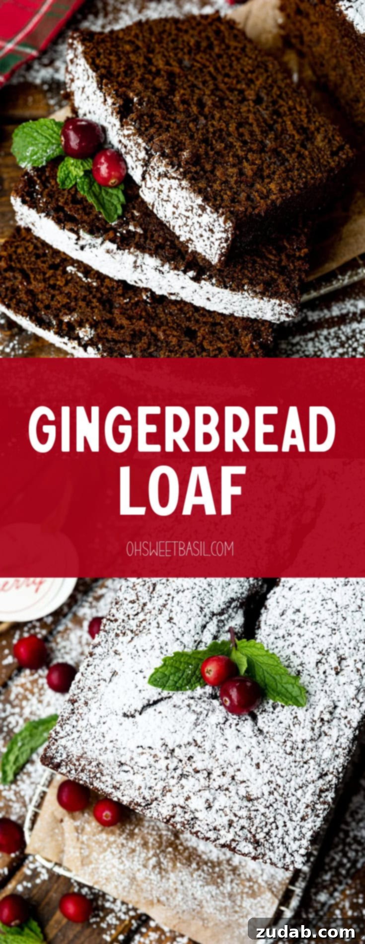 Warm Spiced Gingerbread Loaf 15 Several slices of moist gingerbread loaf layered, garnished with whole cranberries and evergreen sprigs, with a soft focus background.