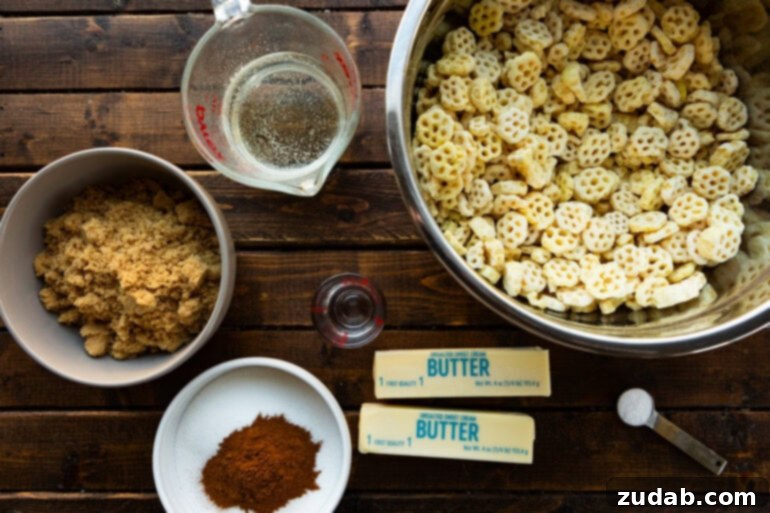Easy No-Bake Churro Crunch 4 a photo of all the ingredients for churro snack mix including honeycomb cereal, butter, brown sugar, cinnamon and karo syrup