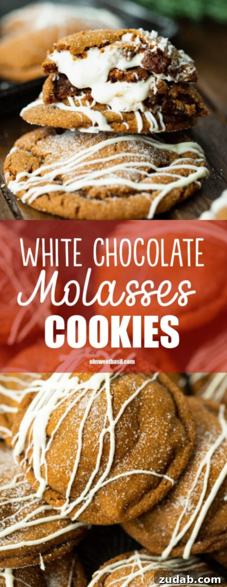 Chewy White Chocolate Molasses Cookies 3 A high-angle shot of a thick and chewy molasses cookie, featuring its distinctive crackly top, coated in shimmering white sugar, and elegantly drizzled with white chocolate. This cookie is a festive masterpiece.