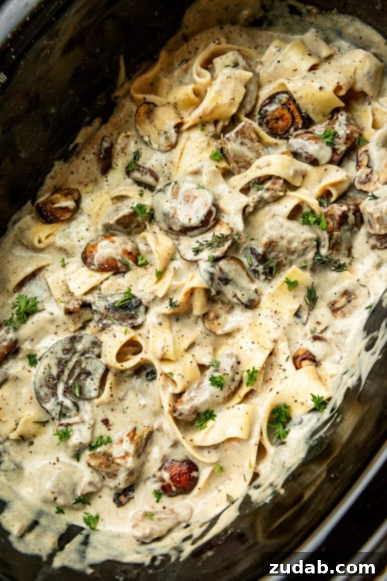 Effortless Slow Cooker Beef Stroganoff 3 Crock pot full of creamy beef stroganoff