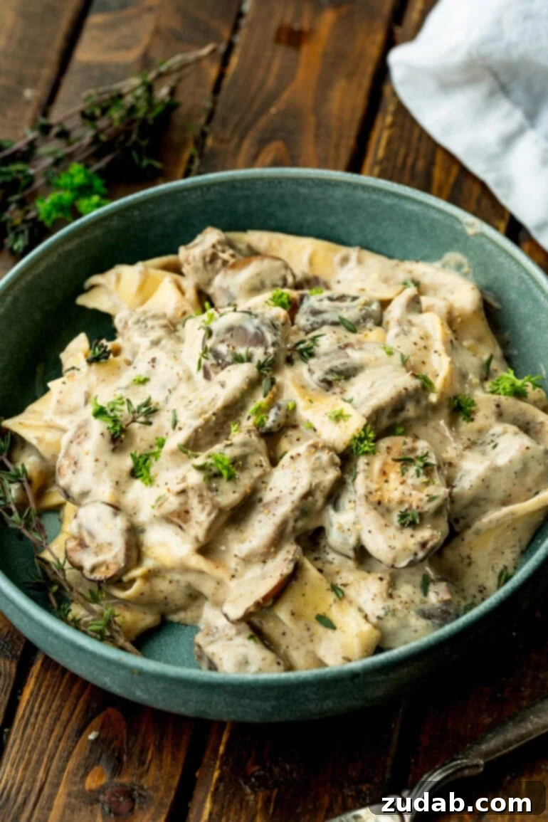 Effortless Slow Cooker Beef Stroganoff 5 Bowl of creamy beef stroganoff with egg noodles and herbs