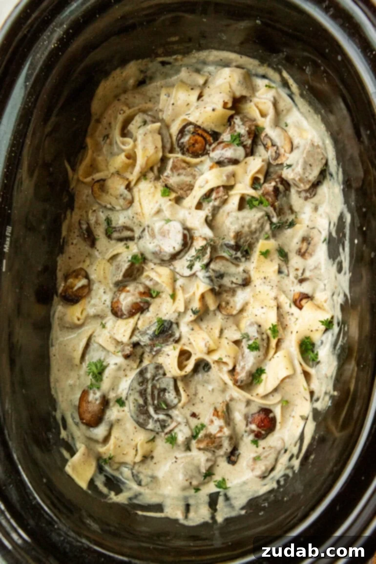 Effortless Slow Cooker Beef Stroganoff 8 Slow cooker full of creamy beef stroganoff