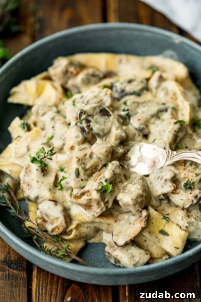 Effortless Slow Cooker Beef Stroganoff 10 Fork scooping a bite of beef stroganoff