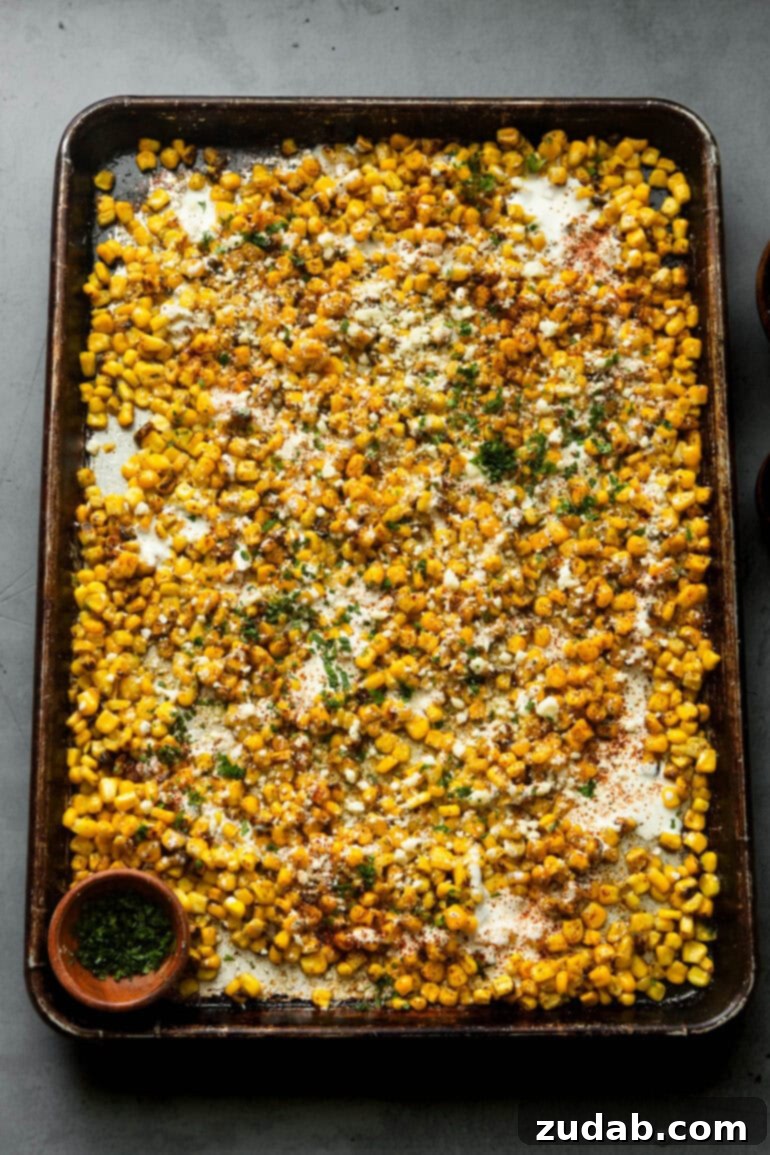 Oven Baked Sheet Pan Mexican Street Corn 4 A close-up of a baking sheet loaded with beautifully roasted corn, visibly sprinkled with crumbled cotija cheese, chili powder, and fresh chopped cilantro, ready to be served.