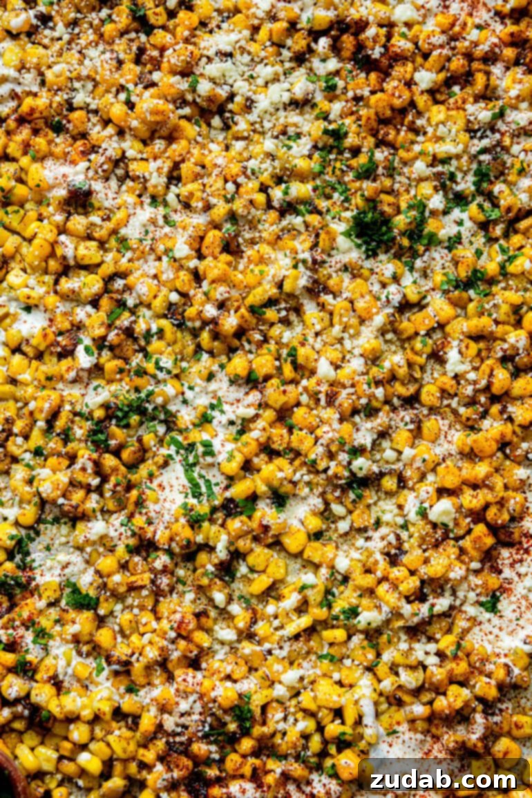 Oven Baked Sheet Pan Mexican Street Corn 7 A large baking sheet filled with golden roasted corn, generously drizzled with Mexican crema and sprinkled with cotija cheese, chili powder, and vibrant fresh cilantro, straight from the oven.