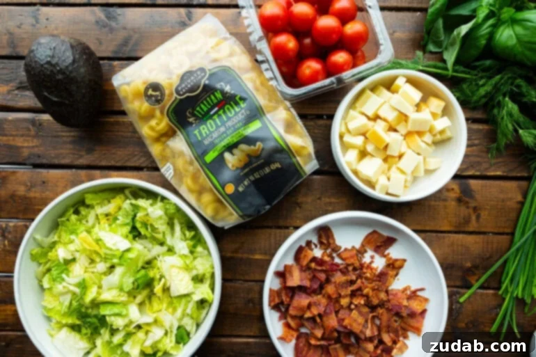 BLT Pasta Perfection 4 A photo showcasing all the individual ingredients for BLT pasta salad laid out in separate bowls, including bacon crumbles, cubed smoked cheddar cheese, chopped romaine lettuce, a bag of radiatore pasta, and halved cherry tomatoes.